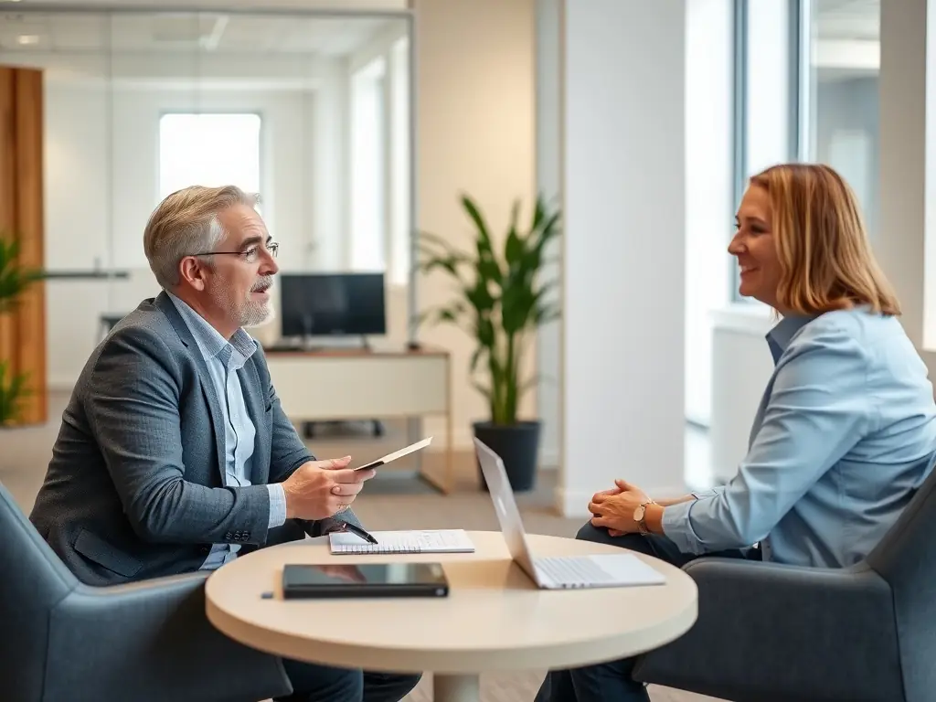 A HR consultant coaching an employee in a one-on-one session, illustrating LS & Partner's employee retention and coaching services.