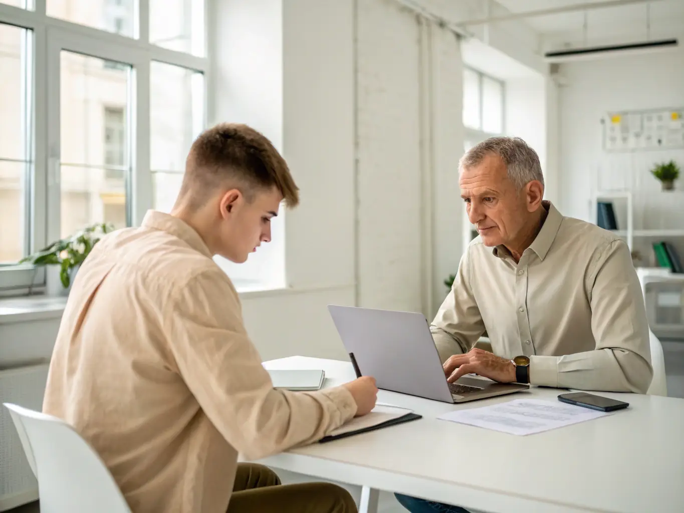 A new employee participating in a structured onboarding workshop with a mentor, representing LS & Partner's structured onboarding programs.